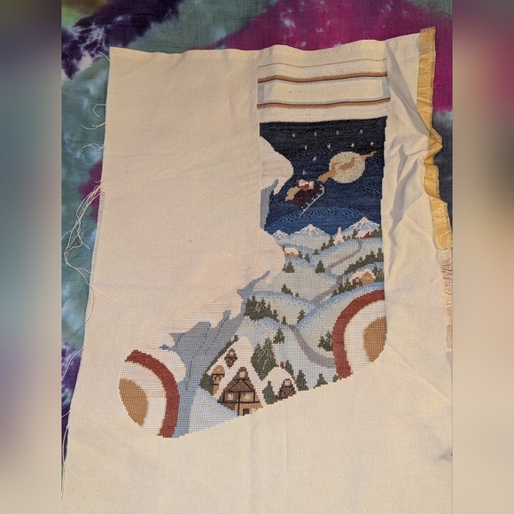 Vintage Christmas Stocking Santa  Sled Unfinished Needlepoint Hand Embroidered - Picture 3 of 9